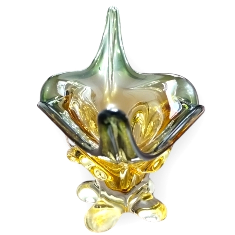 Lorraine Canada 352 Art Glass Freeform Pedestal Bowl Olive Amber 17" - Picture 3 of 7